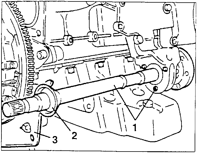 Engine with intermediate shaft, dust guard ring, and lower flywheel guard shown with callouts 1, 2, and 3