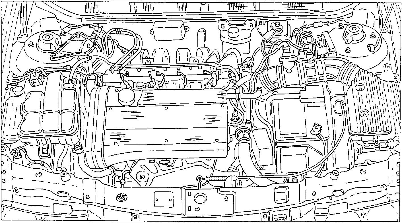 Engine bay with various components visible including air intake, battery, and engine block.
