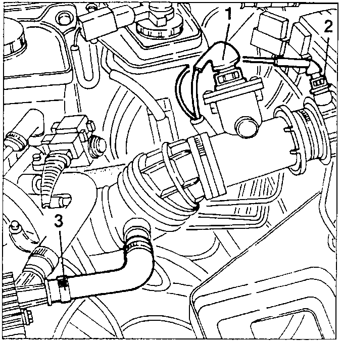 Close-up of engine components including labeled parts 1, 2, and 3.