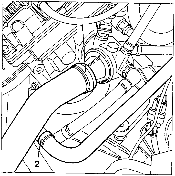 Engine diagram showing coolant pipes and connections labeled 1 and 2