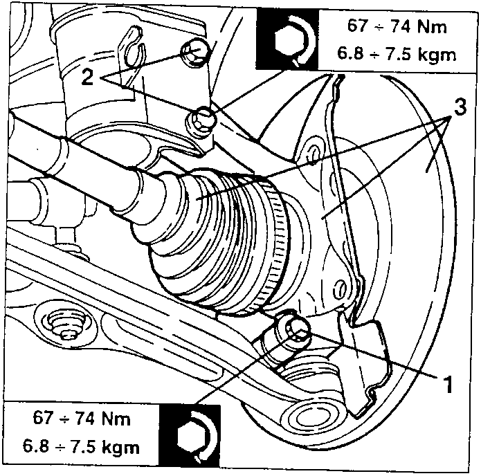 Diagram showing axle shaft, wishbone, and shock absorber with torque specifications 67 ÷ 74 Nm and 6.8 ÷ 7.5 kgm