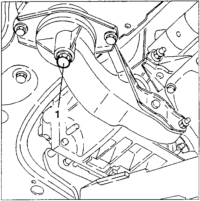 Illustration showing the fastening screw of the rear power unit support being slackened, with an arrow pointing to the screw and the number '1' indicating it.