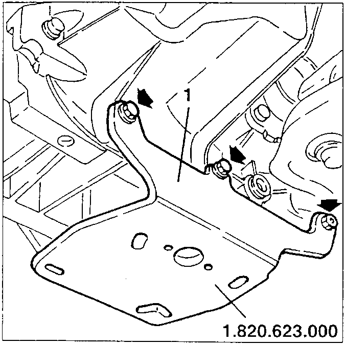 Illustration showing the bracket of tool no. 1.820.623.000 being positioned and fastened to the gearbox with arrows indicating screw positions. The part number 1.820.623.000 is labeled at the bottom.
