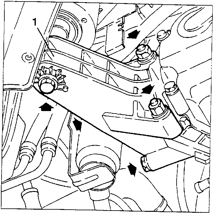 Power unit support on gearbox side with arrows indicating loosening direction