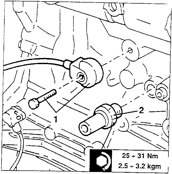 Fastening screw and timing sensor with numbered parts 1 and 2
