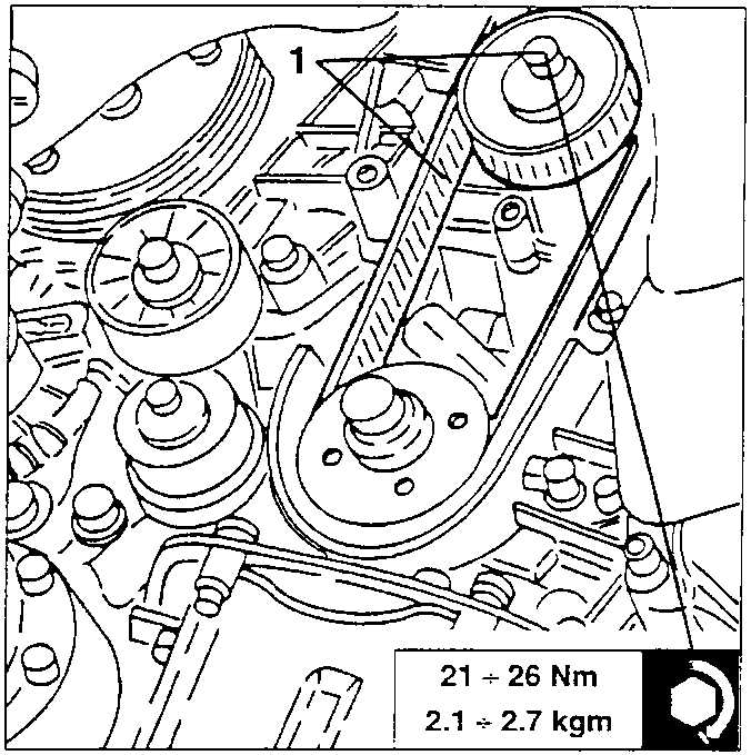 Timing gear belt tensioner and belt on camshaft drive pulleys