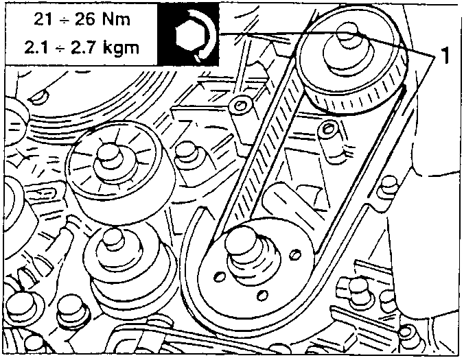 Timing gear drive pulley removal diagram showing pulley and belt tensioner