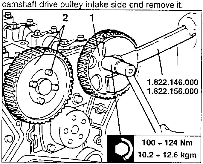 Camshaft drive pulley removal diagram showing pulley, gears, and tools