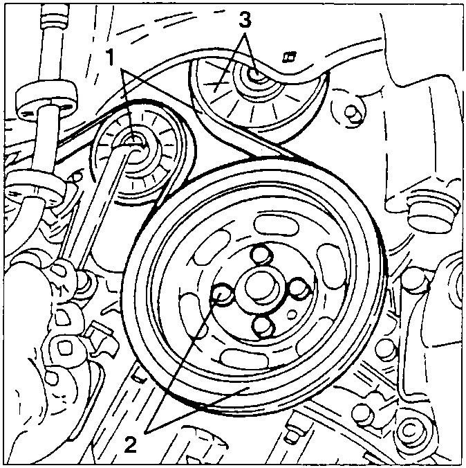 Engine belt system diagram showing pulleys, belt tensioner, and auxiliary components drive belt guide