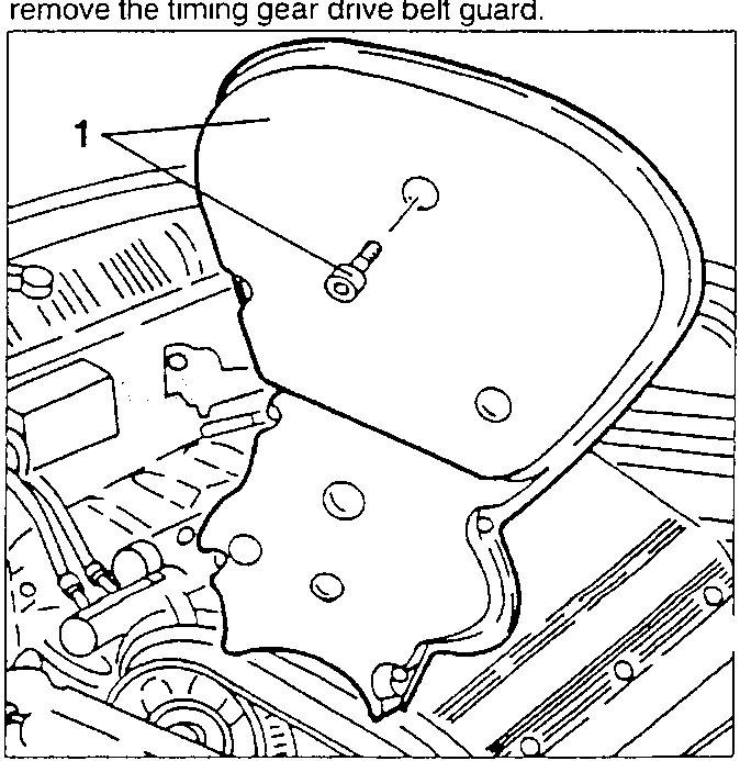 Timing gear drive belt guard removal diagram showing the guard and its mounting screws