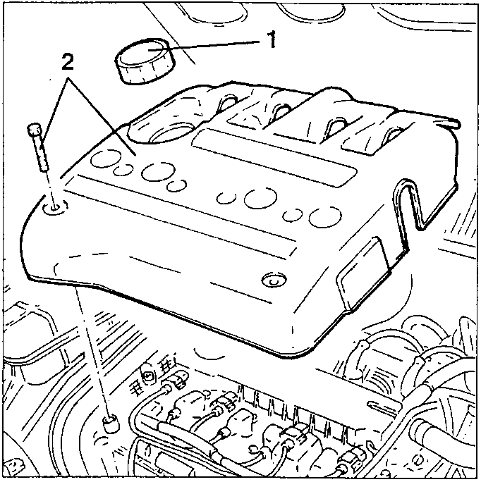 Timing variator electromagnet removal: 1. Engine oil filler cap, 2. Ignition coil cover