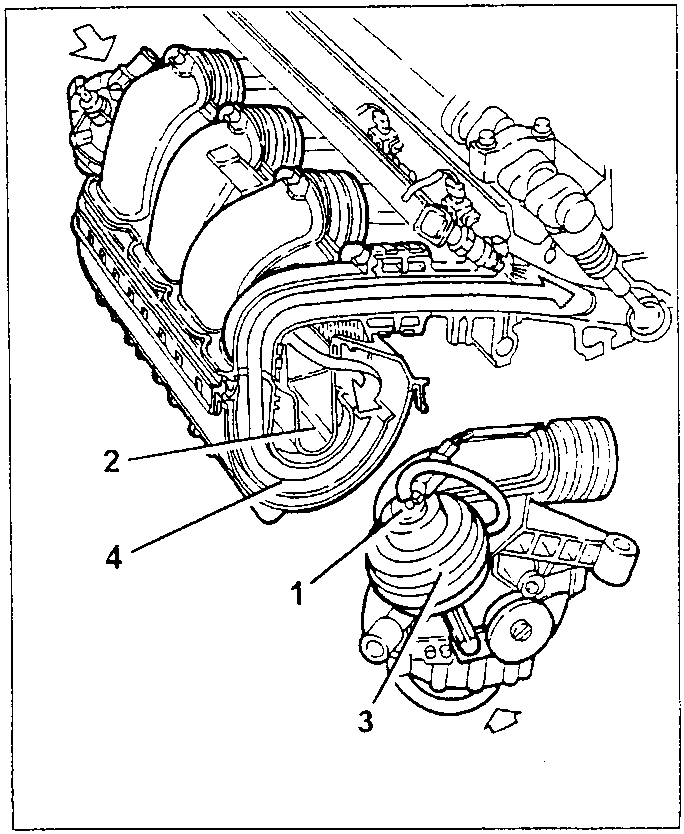 Engine with modular intake manifold components labeled 1, 2, 3, and 4. Caption: long torque manifolds for engine ratio from 800 to 4900 rpm.