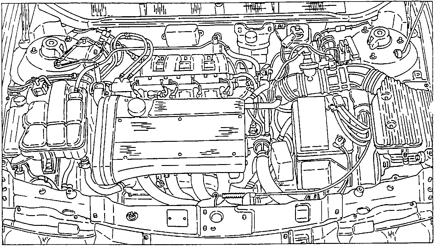 Engine compartment view showing engine assembly and surrounding components