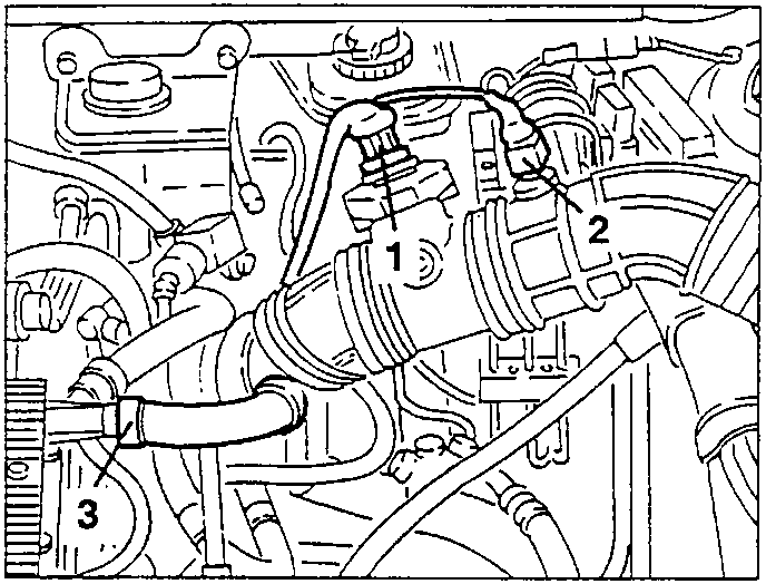 Engine bay showing air-flow meter, intake air temperature sensor, and oil recirculation pipe connections