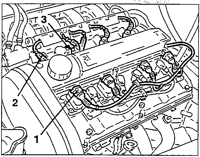 Engine compartment showing electrical connections and components labeled 1, 2, 3
