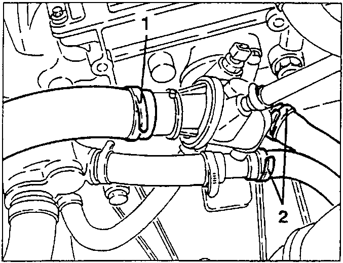 Coolant pipes connected to thermostat cup with labeled parts 1 and 2