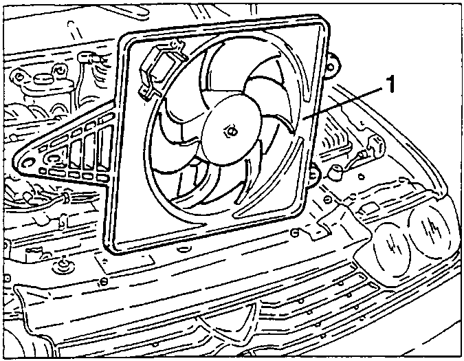 Engine bay showing air conditioning compressor and fan labeled 1