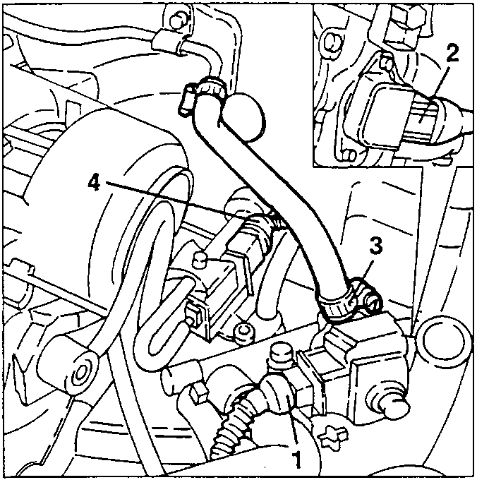 Engine bay showing connections and components labeled 1, 2, 3, 4