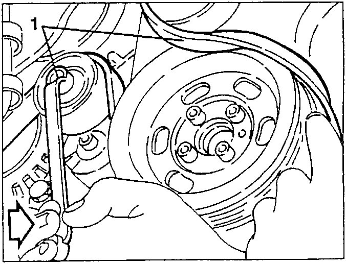 Close-up of auxiliary components drive belt being loosened labeled 1