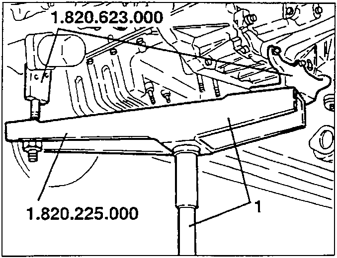 Diagram showing hydraulic jack positioned with tools 1.820.225.000 and 1.820.623.000