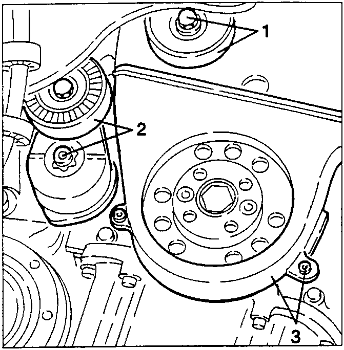 Lower cover of timing gear and counter-rotating shaft drive belts being removed; callouts 1, 2, 3 indicate components.