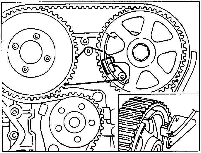 Timing gear and camshaft drive pulley assembly with sensor position indicated.