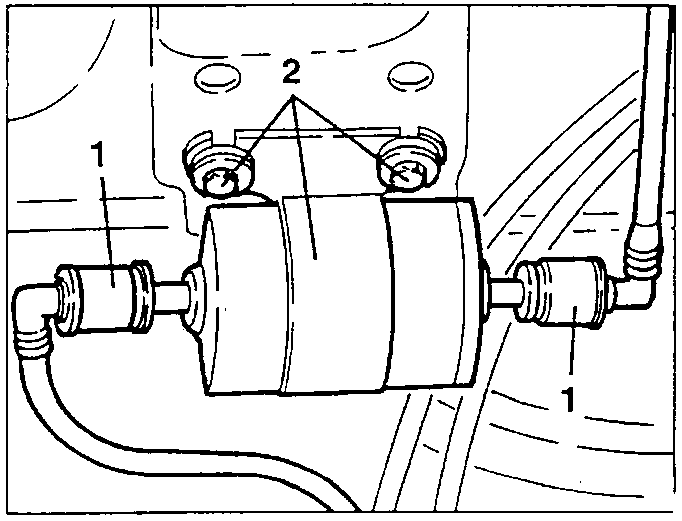 Fuel filter with pipe connections 1 and bracket screws 2
