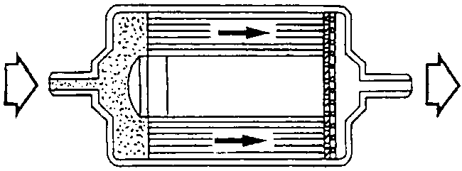 Section through the fuel filter with arrows showing the direction of fuel flow