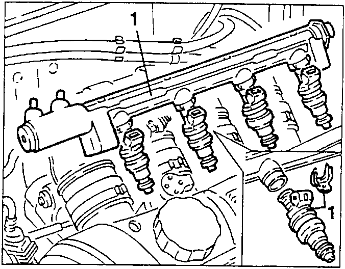 Fuel distributor manifold with electroinjectors and pressure regulator.