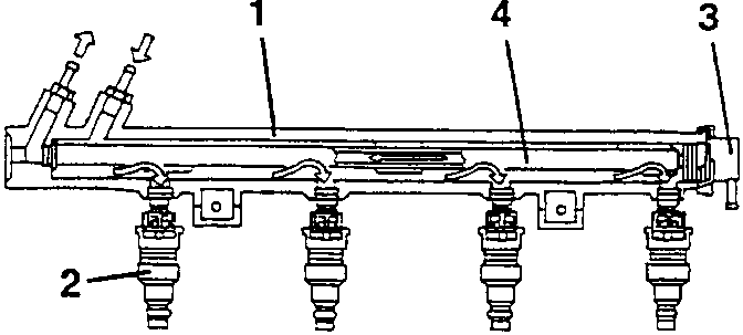 Fuel distributor manifold with electroinjectors, pressure regulator, and excess fuel return pipe.