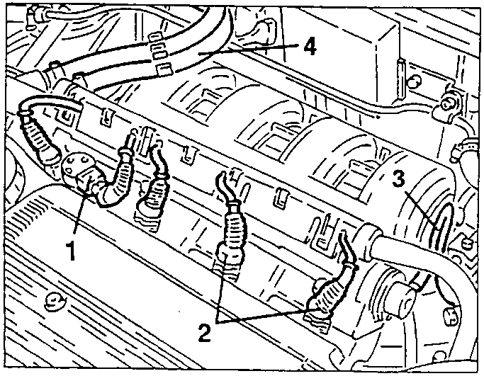 Engine components including electroinjectors, pressure regulator, and fuel pipes.