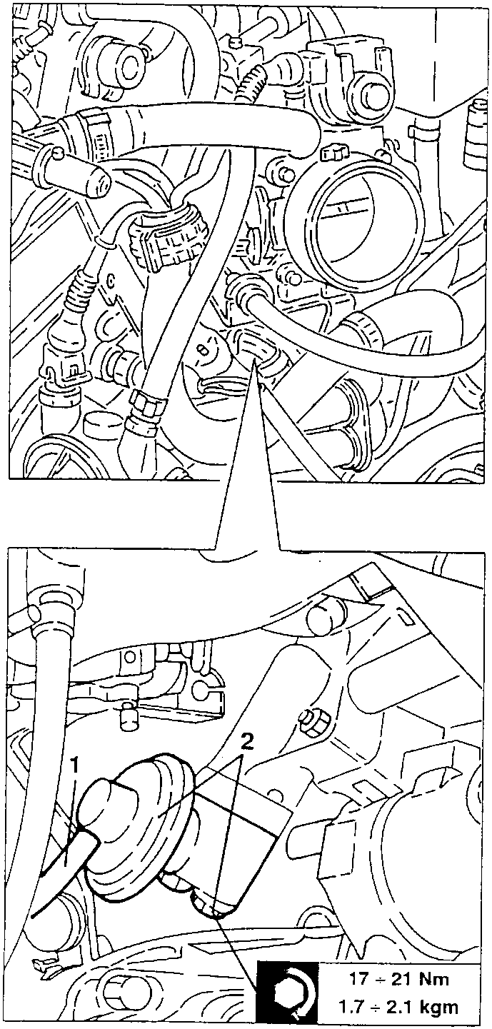 Engine diagram showing E.G.R. valve removal steps with labeled parts 1 and 2, and torque specification 17 ÷ 21 Nm (1.7 ÷ 2.1 kgm)