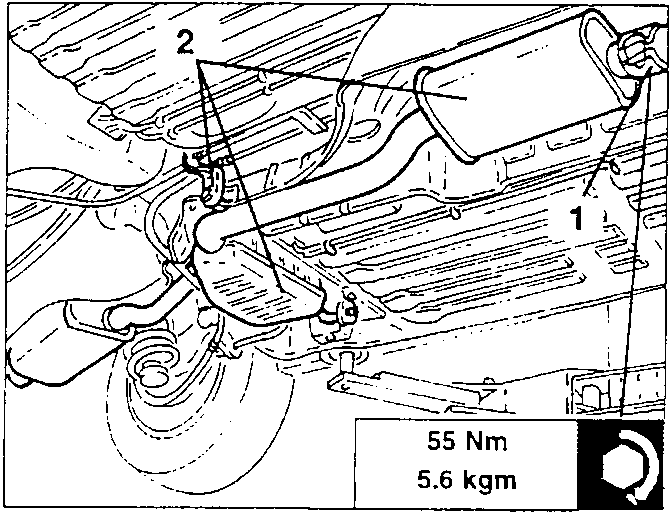 Exhaust pipe rear section with clamp and handbrake cable