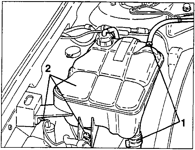 Diagram showing the expansion tank with hoses connected and a tool being used to loosen a clamp.