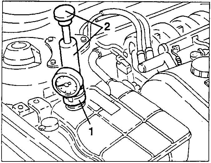 Diagram showing a test tool with a gauge connected to the expansion tank.
