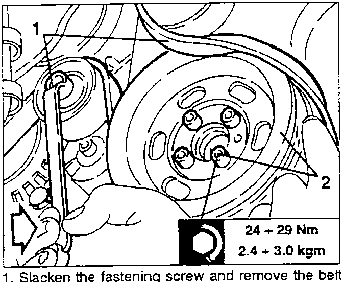 Illustration showing removal of belt tensioner, drive belt guide pulley, and lower cover of timing gear and counter-rotating shaft drive belts