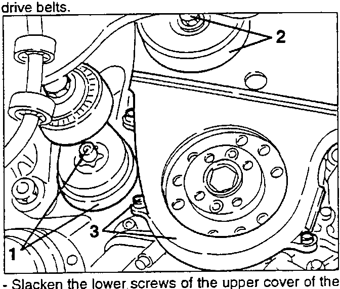 Illustration showing removal of upper cover of timing gear and counter-rotating shaft drive belts