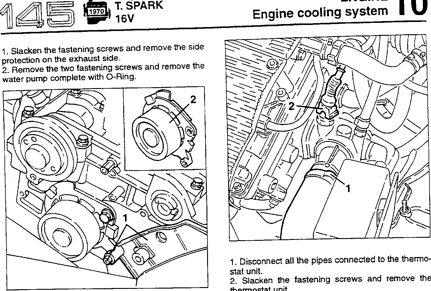 Water pump removal diagram showing components 1 and 2