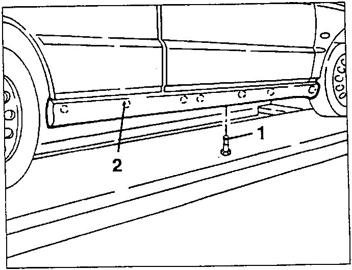 Diagram showing door sill covering removal with labeled parts 1 and 2