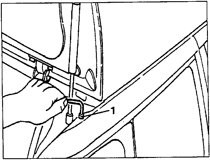 Hand loosening a screw on the upper window trim, with part 1 indicated