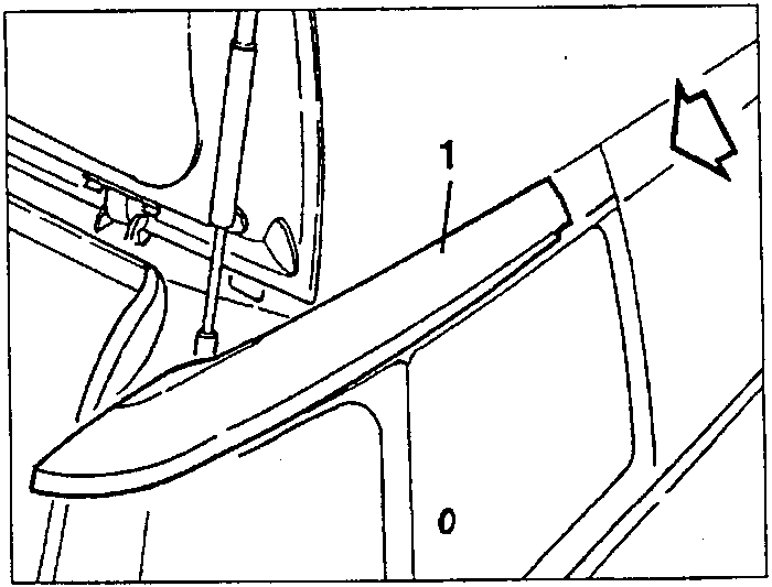 Upper window trim being pushed out from the rear, with part 1 and 0 indicated
