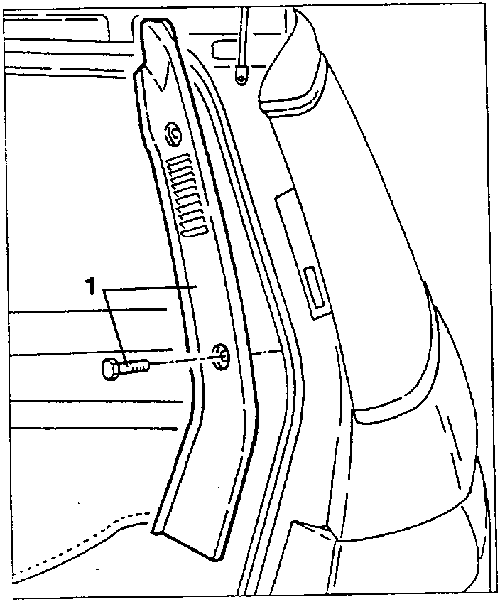 Air outlet grille being removed from passenger compartment, with part 1 and screw indicated