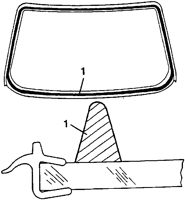 Windscreen with sealant applied; inset shows tool positioning