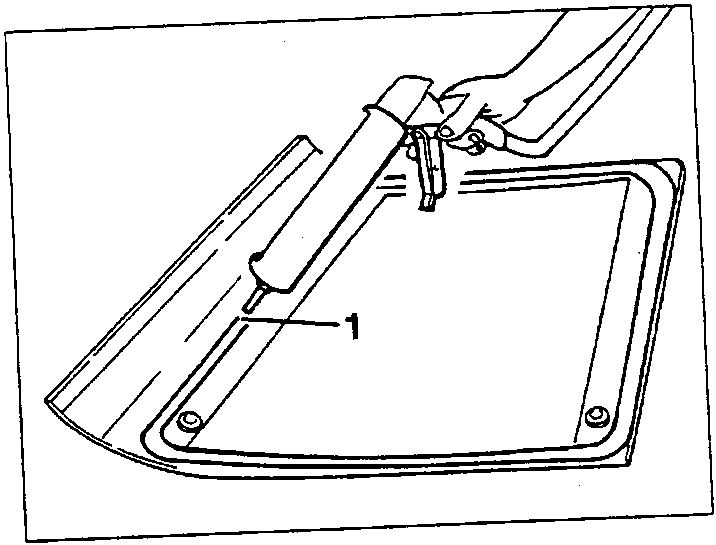 Diagram showing a hand using a tool to apply sealant along the edge of a windshield.