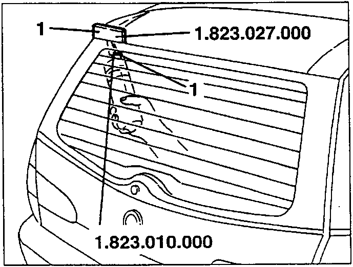 Diagram showing electric shears cutting sealant on rear windscreen with tool numbers 1.823.027.000 and 1.823.010.000 indicated.