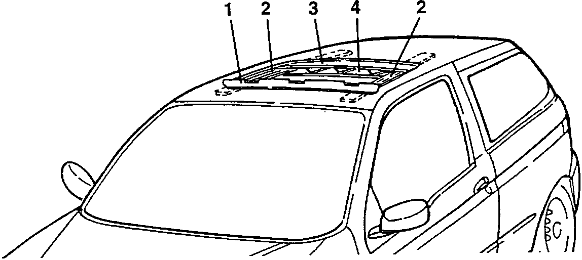 Sunroof components: spoiler 1, rail 2, glass panel 3, blind 4