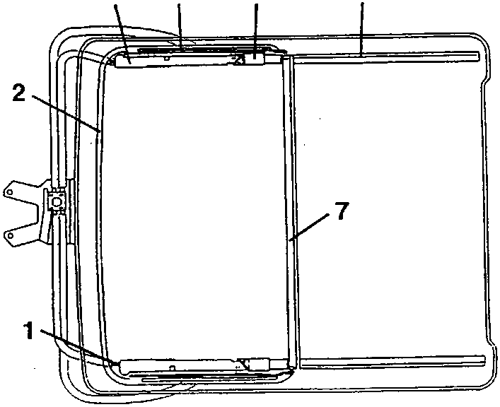 Mechanical components: flexible rack 1, frame for glass panel 2, front rail 3, sliding brackets 4, runner 5, rear rail 6, water collection channel 7