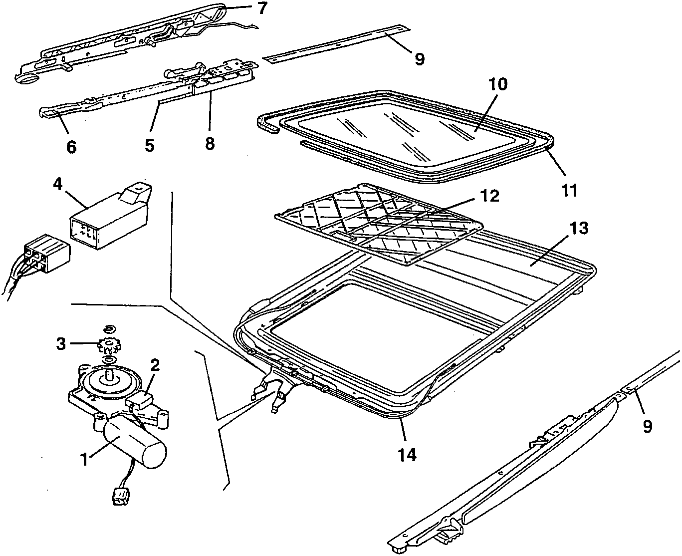 Exploded view diagram of sunroof components including motor, microswitch, toothed wheel, flexible racks, runner, rails, glass panel, sliding blind, sunroof frame, seal, and guiding channel.