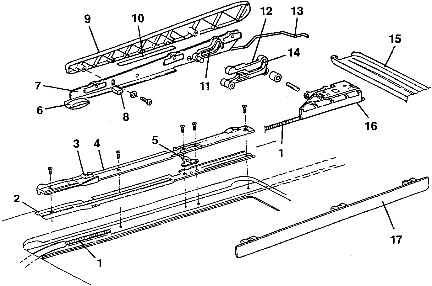 Exploded view diagram of sunroof opening/closing mechanism components labeled 1 through 17.