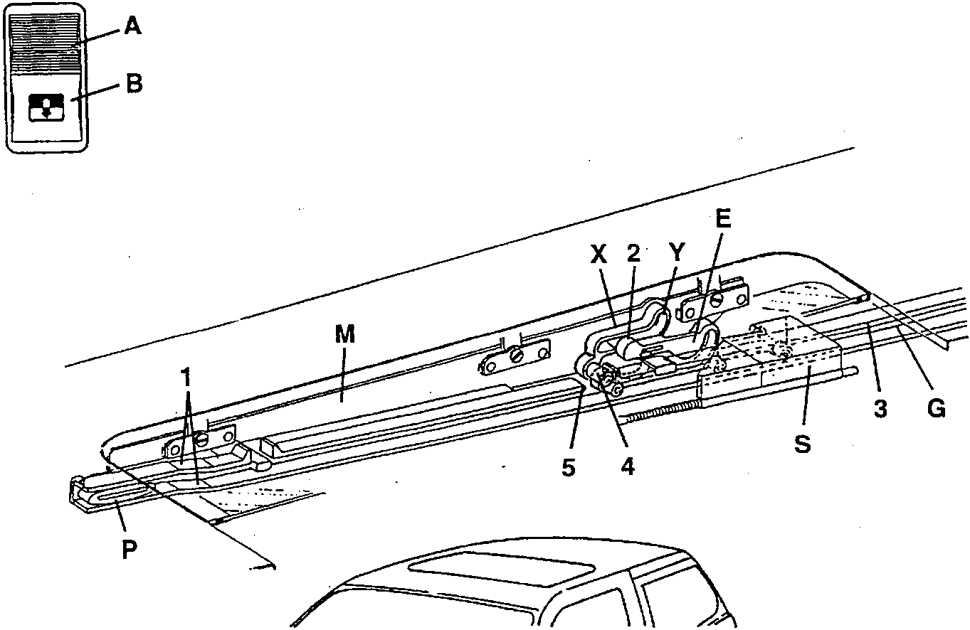 Diagram showing sunroof mechanism components including control switch, pantograph element, sliding bracket, rail, runner, guiding groove, guide space, and pin positions X, Y, 1, 2, 3, 4, 5, 6.